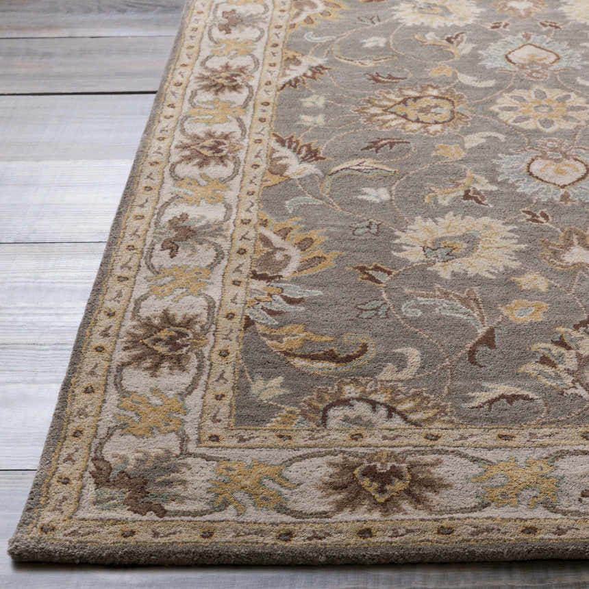 Close up of the Cherryfield Hand Tufted Taupe Wool Rug showing floral design, soft texture, and neutral colors. Front