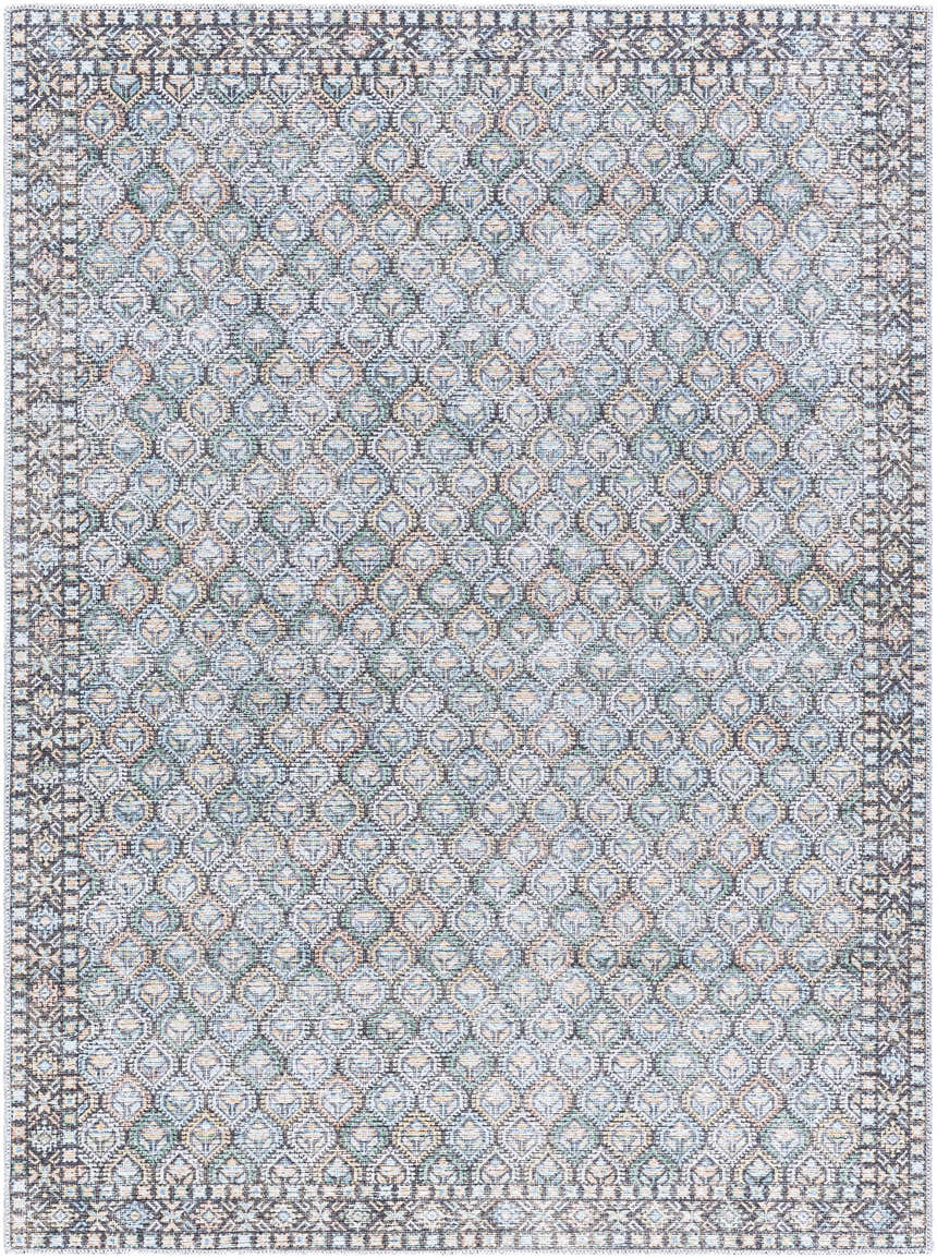 Close-up of Telma Medium Green Washable Area Rug. Farmhouse style rug with black, cream, blue, green, and mustard diamond pattern. Design-Rectangle-537