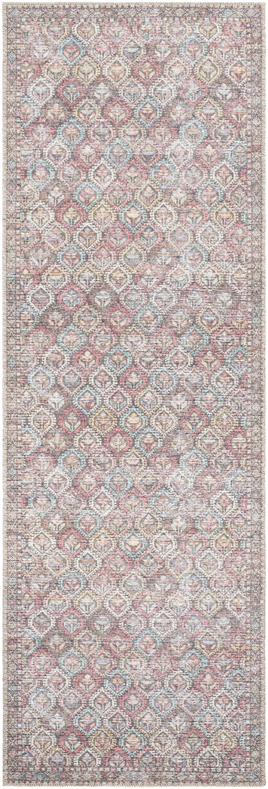 Close-up of the Telma Red Washable Area Rug featuring a traditional diamond pattern in red, aqua, cream, and mustard tones. Design-Runner-27710