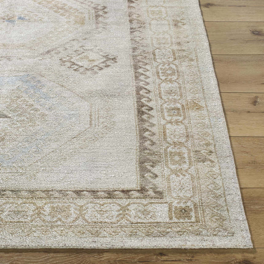 Close up of the hand tufted Tarun Area Rug showing beige, ivory, and sandstone colors and traditional pattern. Front