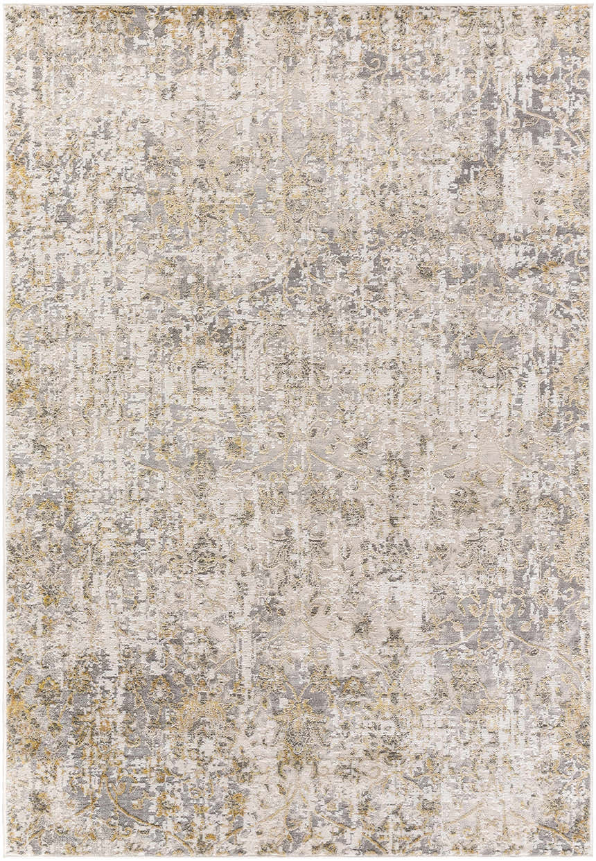 Close-up of the Tiago Area Rug, a contemporary rug with beige, charcoal, cream, and gray abstract patterns. Design-Rectangle-537