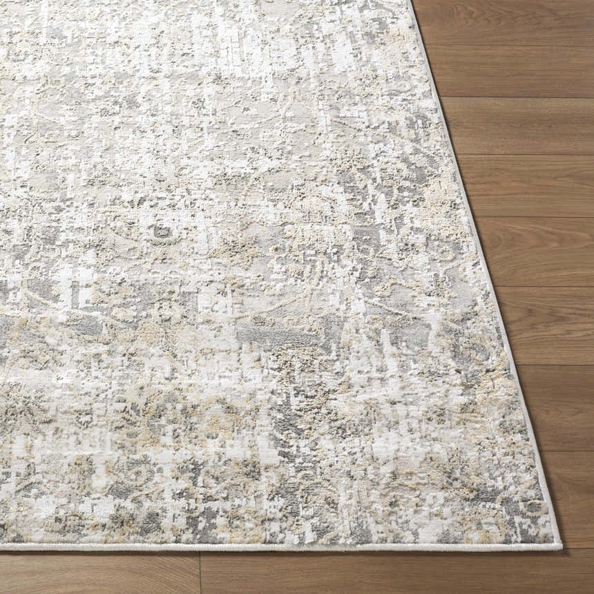 Close up of Tiago Area Rug showing beige, charcoal, and cream abstract pattern on wood floor. Front