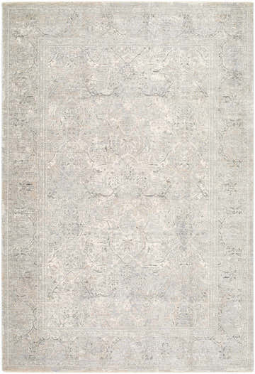 Close-up of the Tarin Cream Area Rug. Traditional style rug with ash, dove gray, and ivory floral patterns. Design-Rectangle-6796