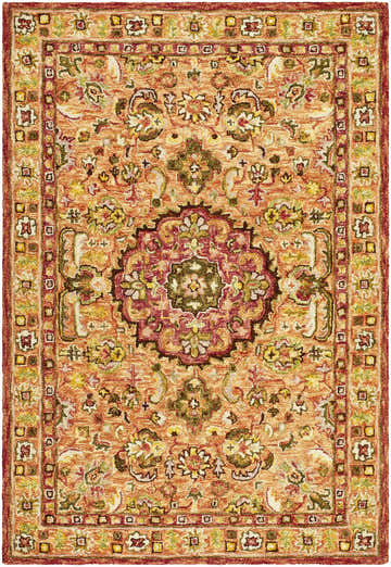Detailed texture of the hand-tufted wool Annick Area Rug with a traditional floral pattern in orange, red, and green. Design-Rectangle-576
