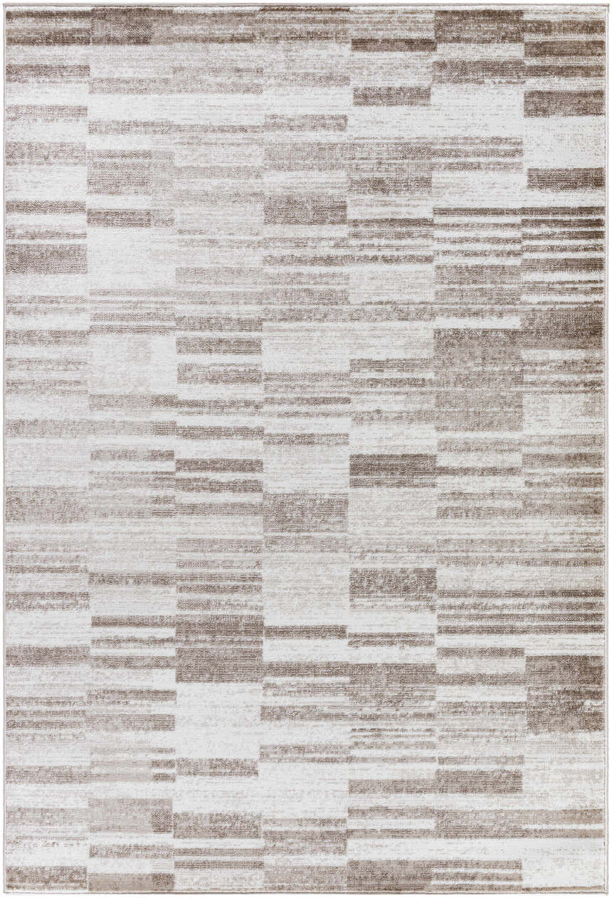 Close-up of the Tehya Beige Area Rug. Contemporary style with light silver and silver gray tones. Design-Rectangle-5373