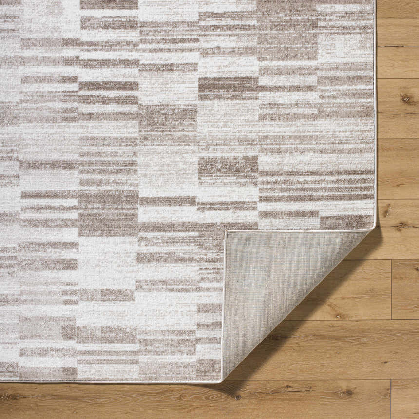Close-up of the Tehya Beige Area Rug showing a contemporary light silver and sage geometric pattern. Fold