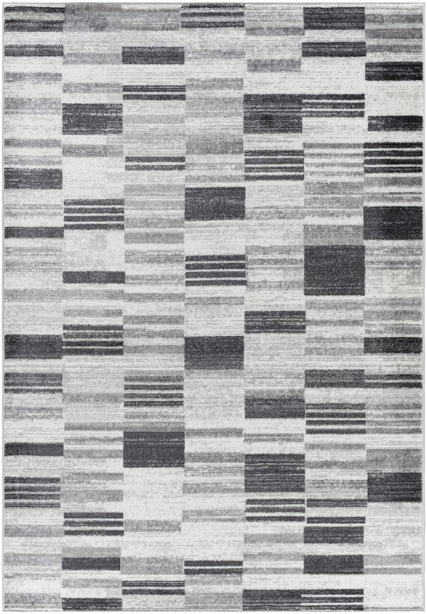 Close-up of the Tehya Gray Area Rug. Contemporary design with charcoal, silver, and gray blocks and stripes. Design-Rectangle-5373