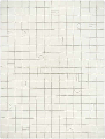 Close-up of the Tuuka Beige Area Rug featuring a grid pattern with abstract shapes on soft wool. Design-Rectangle-912