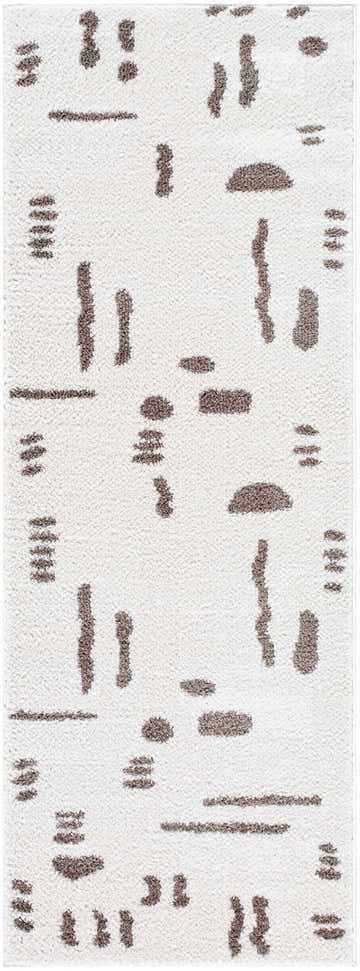 Close-up of the Azriel Brown Washable Area Rug, featuring a contemporary pattern of brown shapes on a light background. Design-Runner-2773