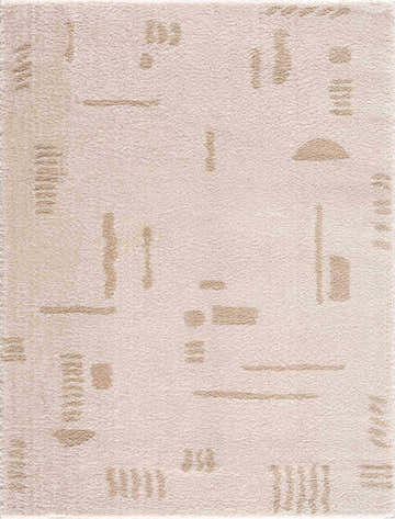Close-up of the Azriel Beige Washable Area Rug. Features a contemporary geometric pattern in beige and peach hues. Design-Rectangle-537
