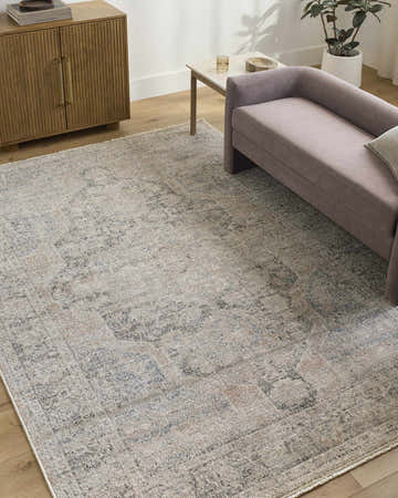 Living room scene with Galey Alix Maria Elena IV Vintage Medallion Rug in dark brown, red, ivory, gray, and navy. Roomscene-Rectangle