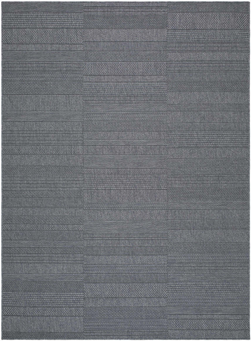Close-up of the Thana Gray Area Rug. Charcoal and gray rug with a traditional, woven pattern. Design-Rectangle-537