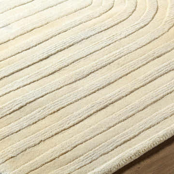 Close-up of the light silver Thema Area Rug. Hand-loomed wool rug with a contemporary, striped design. Texture