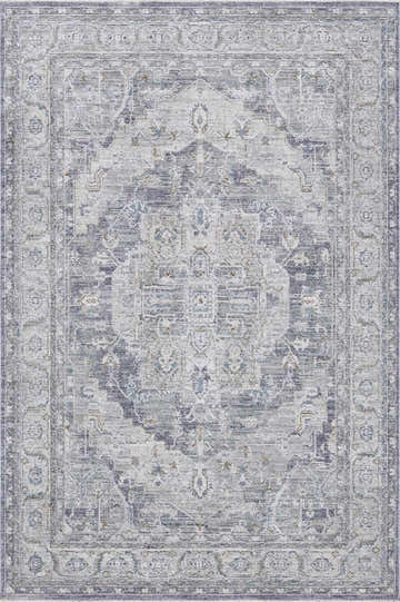 Close-up of the Ulubey Distressed Gray Thick Luxe Area Rug. Features a traditional, oriental pattern in gray, light blue, and beige tones. Design-Rectangle-58
