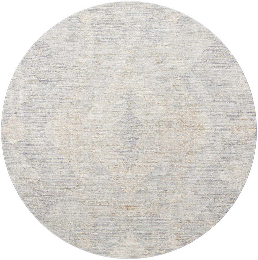 Close-up of round Urmi Thick Luxe Area Rug. Contemporary style with brown, charcoal, and gray hues. Design-Round-67