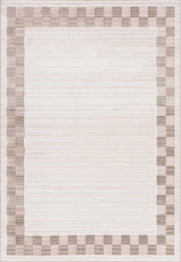 Close-up of Azrika Beige Checkered Washable Rug. Features a checkered border in beige, dark, and medium brown tones. Design-Rectangle-5373