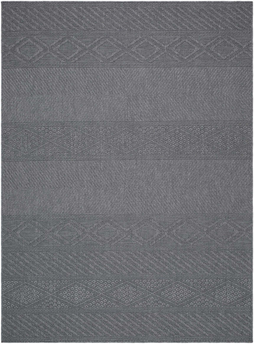 Close-up of the gray Aletha Area Rug featuring a subtle geometric pattern and woven texture. Design-Rectangle-537