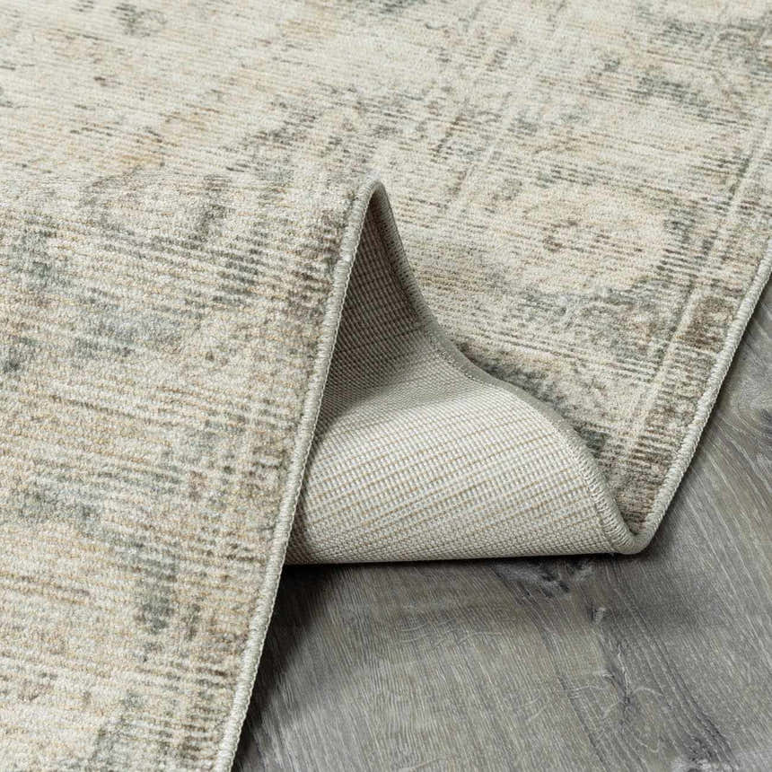 Close-up of the Fetscher II Vintage Medallion Area Rug showing beige, light brown, and olive tones. Machine-woven texture detail. Fold