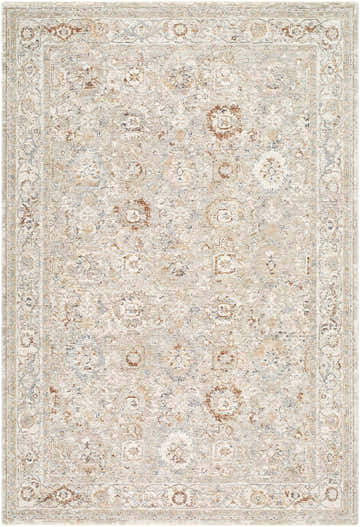 Close-up of the Vidar Blue Area Rug, a farmhouse style rug with a traditional floral pattern in beige, brown, and blue tones. Design-Rectangle-6796