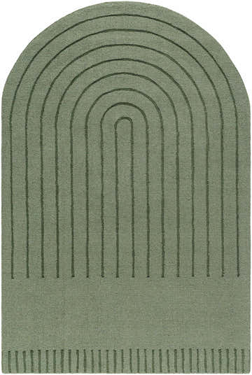 Close-up of the hand-loomed Arnona Green Area Rug, featuring a contemporary arch and line design. 100% Wool. Design-Custom
