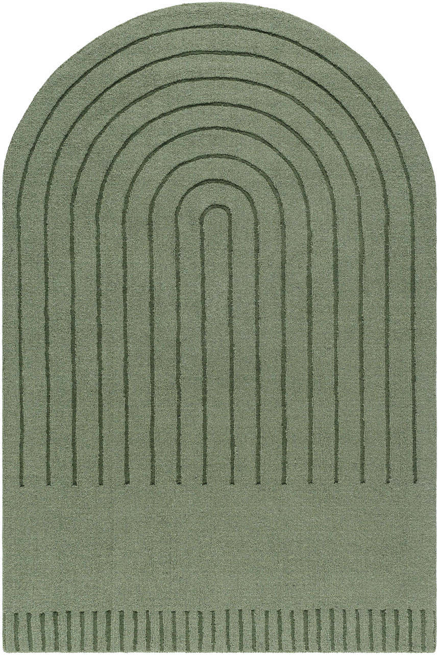 Close-up of the hand-loomed Arnona Green Area Rug, featuring a contemporary arch and line design. 100% Wool. Design-Custom