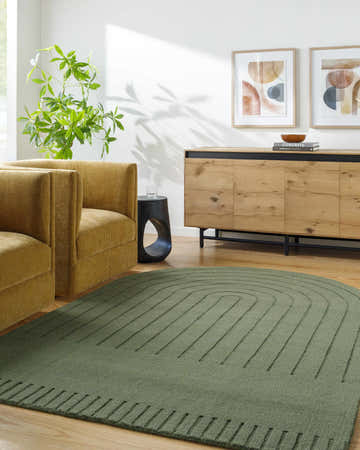 Living room scene with the Arnona Green Area Rug, mustard chairs, and wood cabinet. Contemporary style. Roomscene-Custom