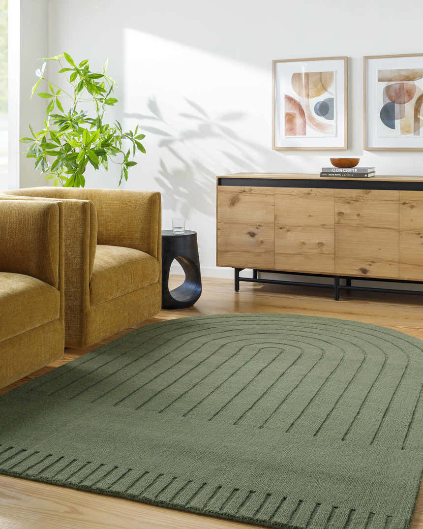 Living room scene with the Arnona Green Area Rug, mustard chairs, and wood cabinet. Contemporary style. Roomscene-Custom