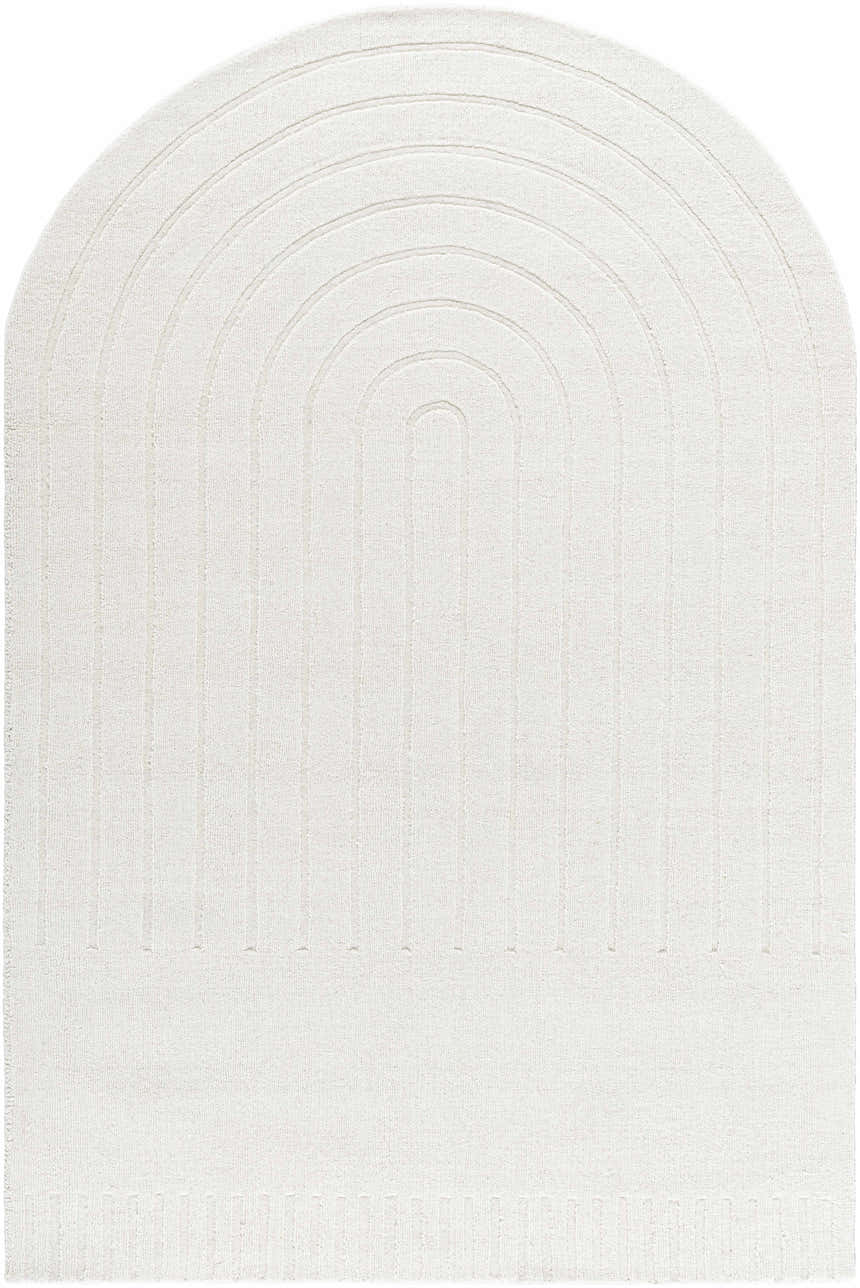 Close-up of the Arnona Off White Area Rug featuring a hand-loomed, arched line pattern and a soft, textured wool surface. Design-Custom