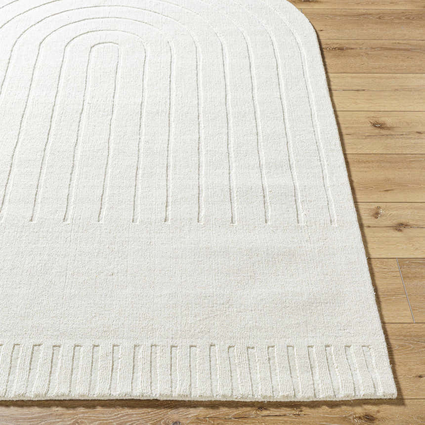 Close-up of the Arnona Off White Area Rug showing its wool texture and contemporary arc and line design. Front