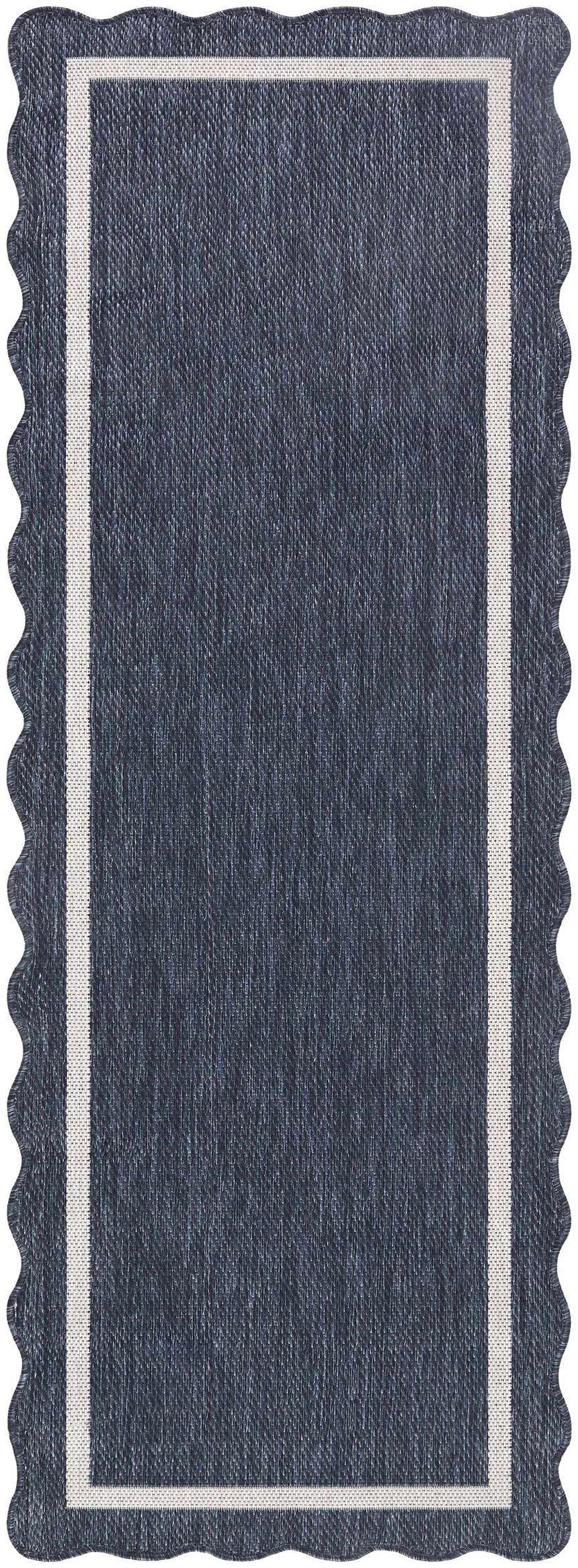 Close-up of Varro Navy Area Rug, a farmhouse style runner with cream border and scalloped edge. Design-Runner-2773