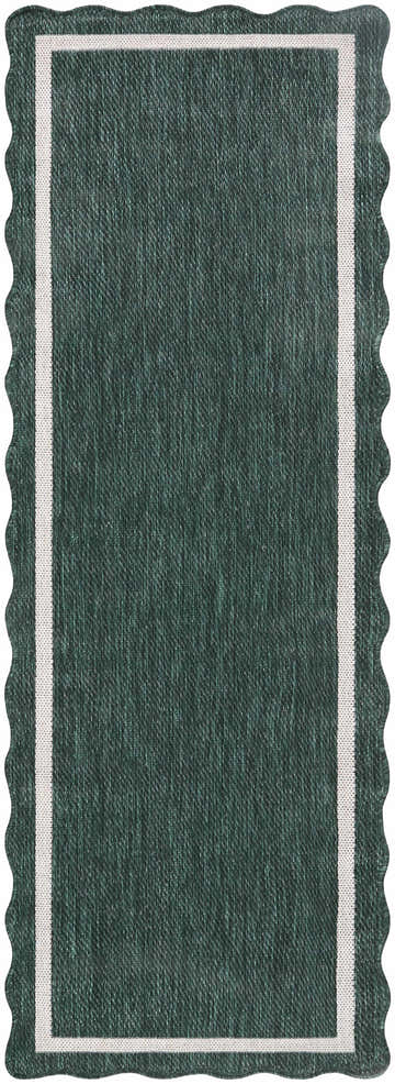 Close-up of the Varro Green Area Rug. Features a cream border and a unique scalloped edge. Traditional style. Design-Runner-2773