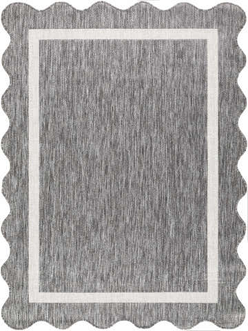 Close-up of the Varro Charcoal Area Rug, showing its textured charcoal weave, cream border, and scalloped edge. Design-Rectangle-537