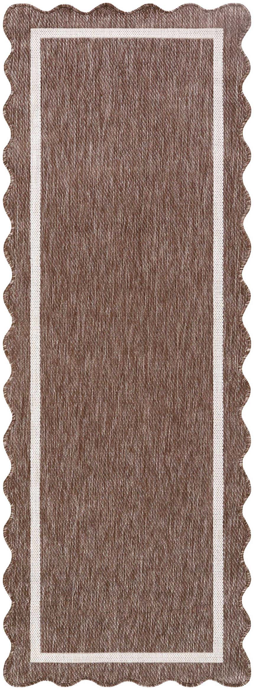 Close-up of the Varro Dark Brown Area Rug. Features a cream border and a unique scalloped edge. Traditional style. Design-Runner-2773