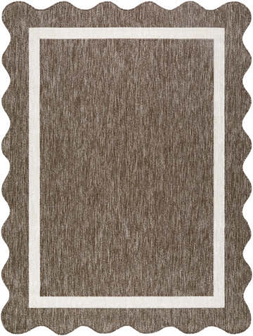 Close-up of the Varro Dark Brown Area Rug. Farmhouse style rug with cream border and scalloped edge. Design-Rectangle-537