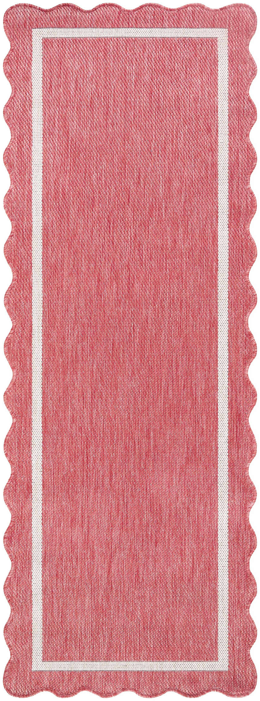 Close-up of a Varro Dark Pink Area Rug. Features a cream border and a scalloped edge. Rectangle runner shape. Design-Runner-2773