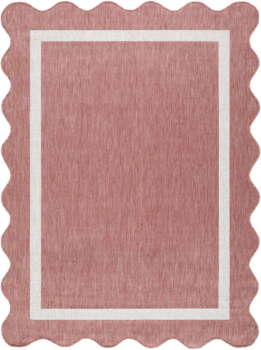 Close-up of Varro Dark Pink Area Rug featuring a cream border and a unique scalloped edge. Design-Rectangle-537