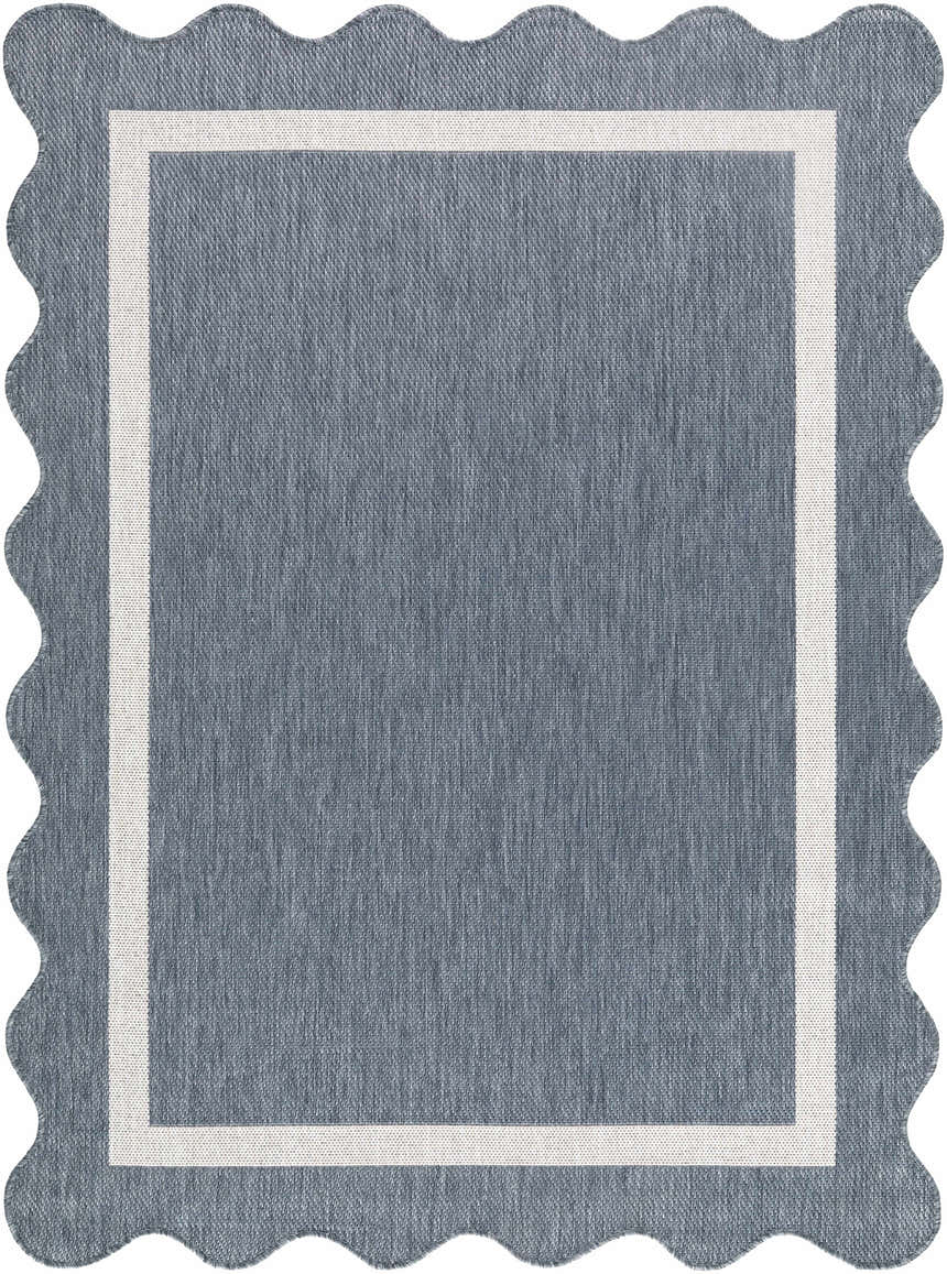 Close-up of the Varro Blue Area Rug showing its blue color, cream border, and scalloped edge. Design-Rectangle-537