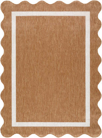Close-up of the Varro Rust Area Rug. Machine-woven polypropylene rug with cream border and scalloped edge. Rust color. Design-Rectangle-537