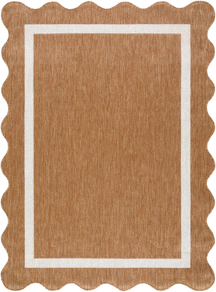 Close-up of the Varro Rust Area Rug. Machine-woven polypropylene rug with cream border and scalloped edge. Rust color. Design-Rectangle-537