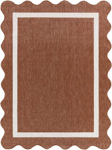 Close-up of the Varro Cream Area Rug. Rust colored rug with a cream border and scalloped edge. Farmhouse style. Design-Rectangle-537