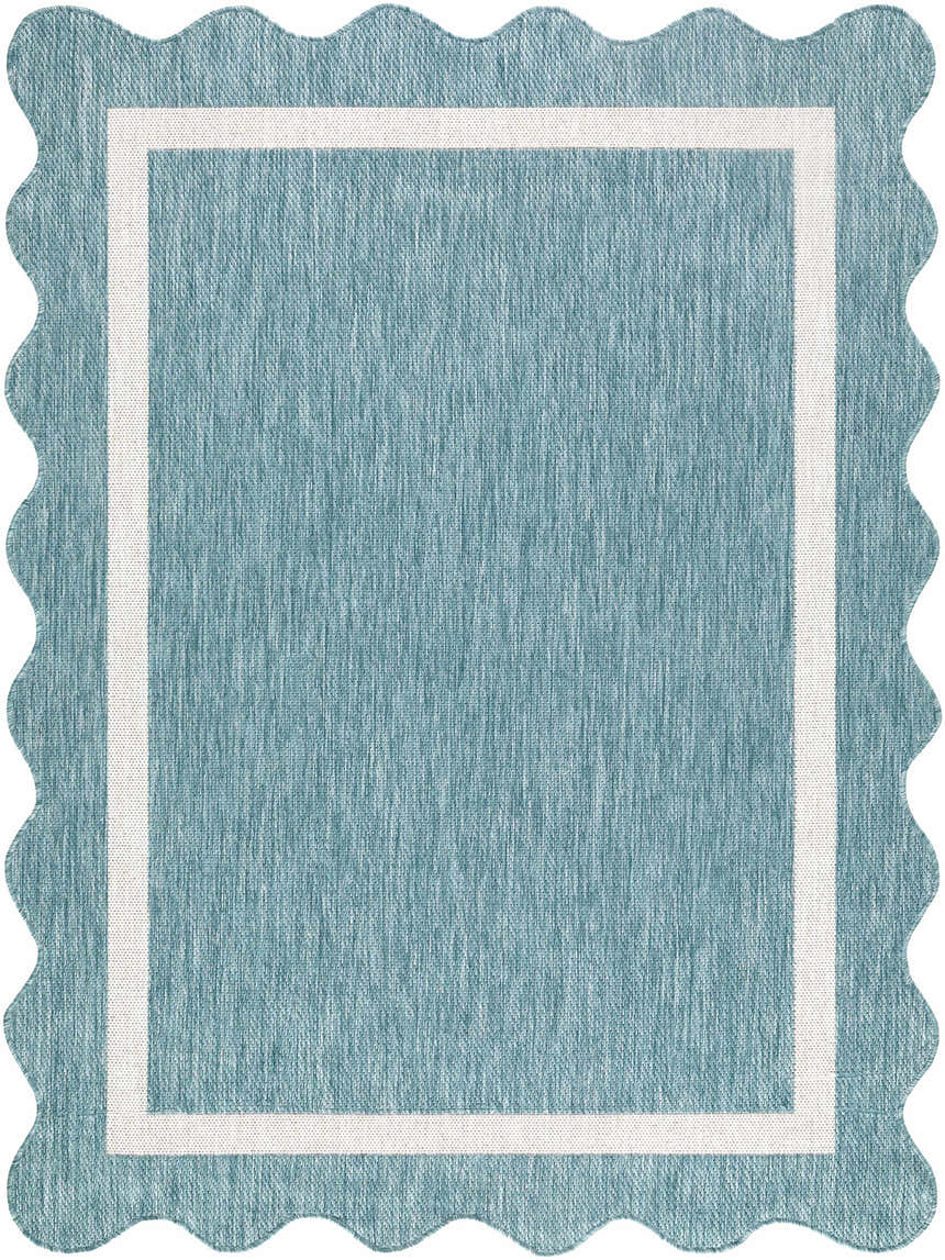 Close-up of the Varro Aqua Area Rug, showing the aqua color, cream border, woven texture, and scalloped edge. Design-Rectangle-537