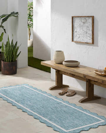 Hallway scene with aqua Varro Area Rug runner, wood bench, and potted plants for a farmhouse feel. Roomscene-Runner