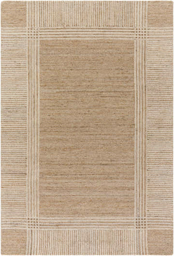Close-up of the Vlora Area Rug. Beige and cream wool rug with a traditional, geometric border pattern. Design-Rectangle-576