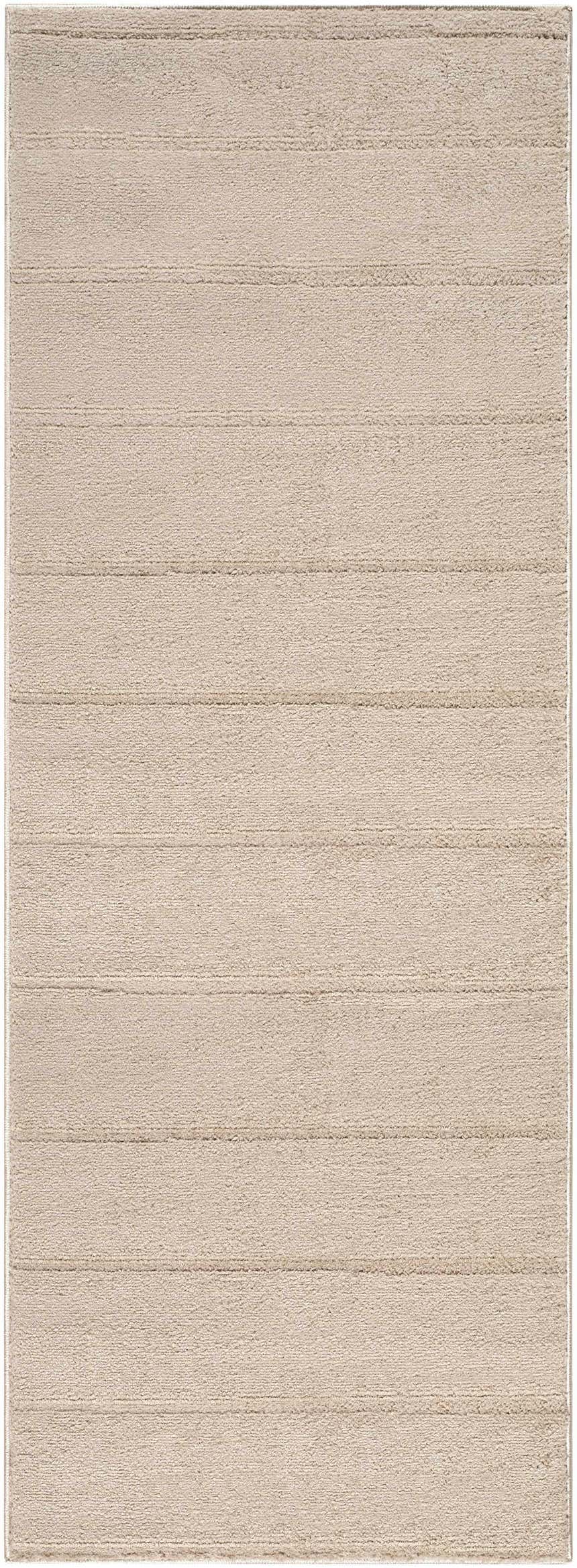 Close-up of a Cascade Brown Area Rug. Light brown, machine woven polyester rug with subtle horizontal stripe pattern. Design-Runner-2773