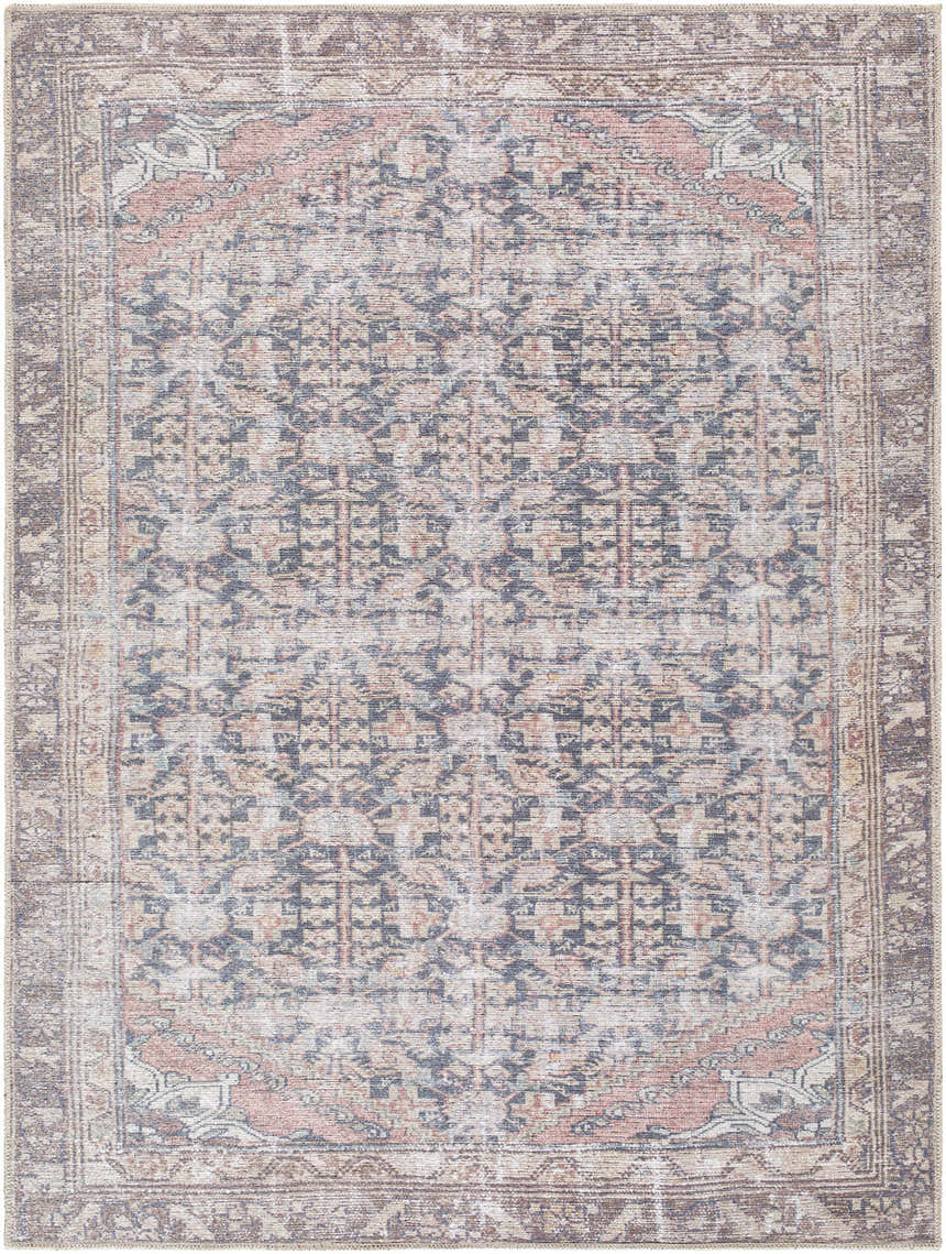 Detailed view of the Valar Washable Area Rug with a traditional design in beige, black, and dark red tones. Design-Rectangle-537