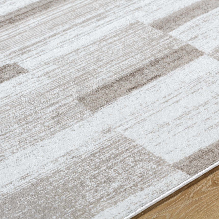 Close up of the Vasso Beige Area Rug showing its light silver and warm gray contemporary design. Texture