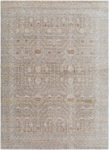 Close-up of the Vince Area Rug. Farmhouse style rug with cream, dark red, gray, and tan traditional pattern. Design-Rectangle-5710