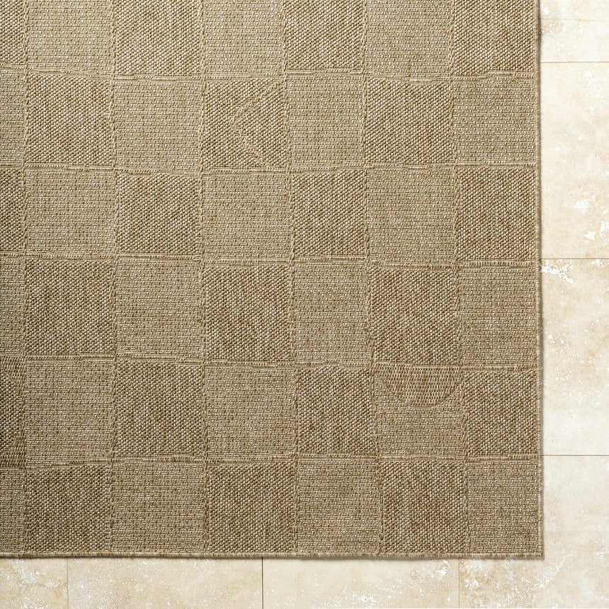 Close-up of the Veras Beige Area Rug showing woven texture and dark brown grid pattern on tan tile floor. Corner