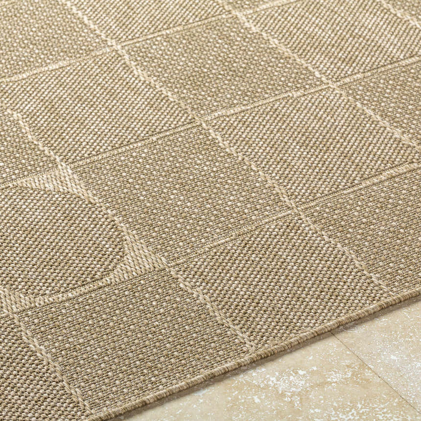 Close-up of the Veras Beige Area Rug showing its contemporary geometric pattern and woven texture. Texture