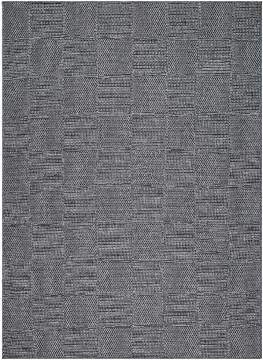 Close-up of the Veras Charcoal Area Rug with a woven texture and subtle geometric pattern in shades of gray. Design-Rectangle-537